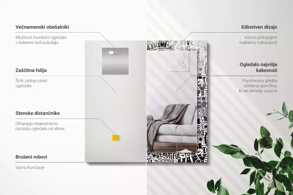 Lustro prostokątne z nadrukiem motywacyjnych napisów w ręcznym stylu