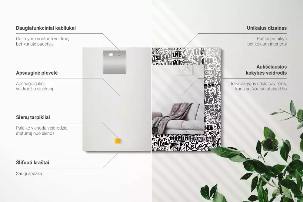 Lustro prostokątne z nadrukiem motywacyjnych napisów w ręcznym stylu