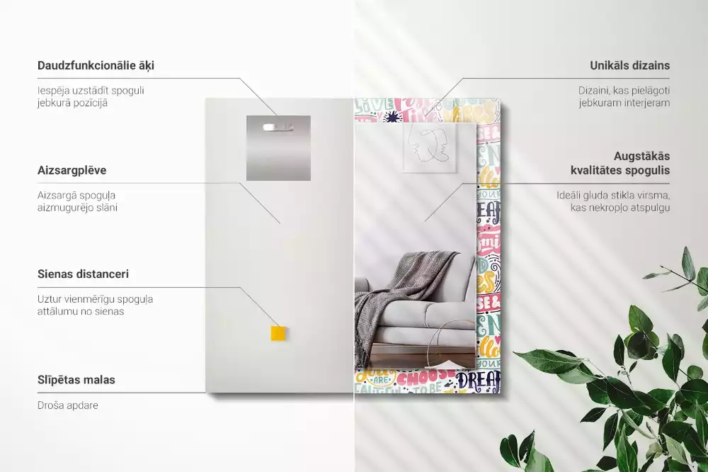 Lustro dekoracyjne z nadrukiem z kolorowymi motywacyjnymi napisami