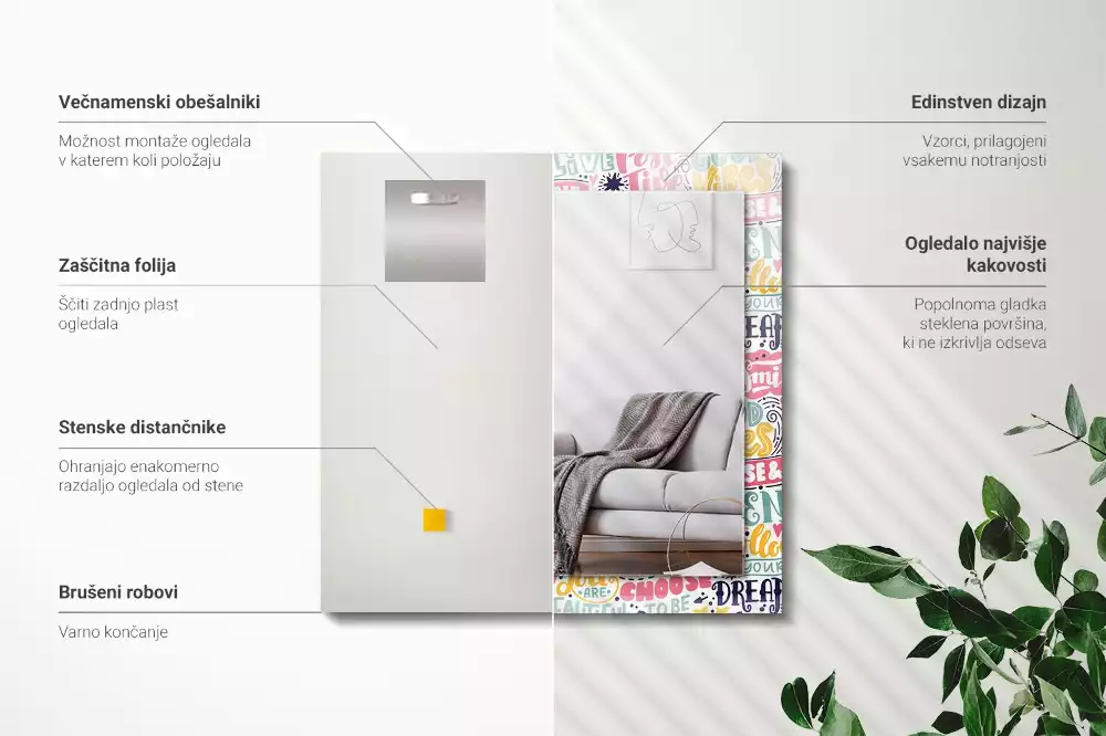 Lustro dekoracyjne z nadrukiem z kolorowymi motywacyjnymi napisami