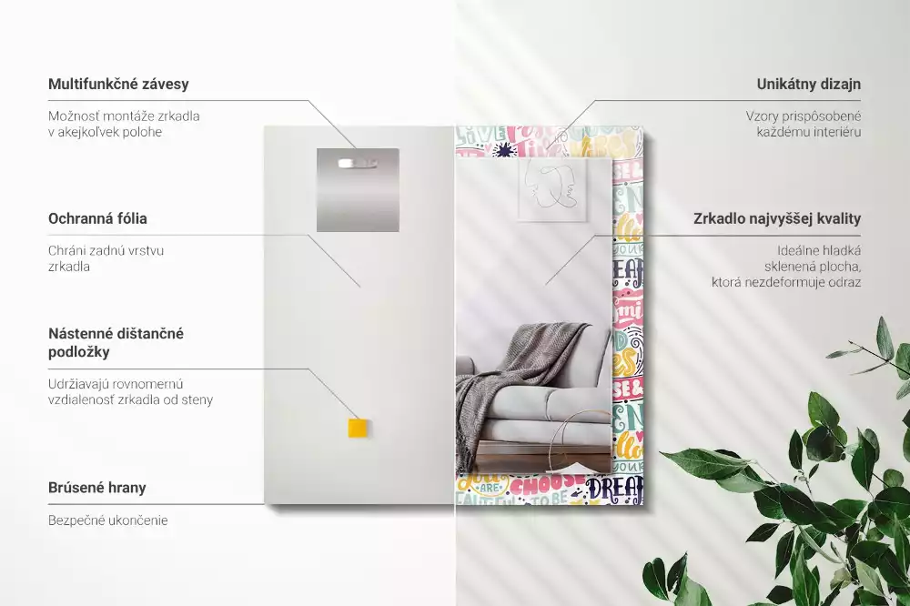 Lustro dekoracyjne z nadrukiem z kolorowymi motywacyjnymi napisami