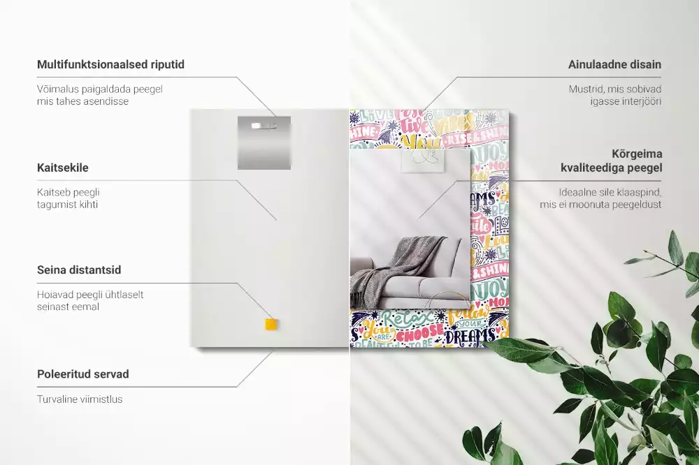 Lustro dekoracyjne z nadrukiem z kolorowymi motywacyjnymi napisami