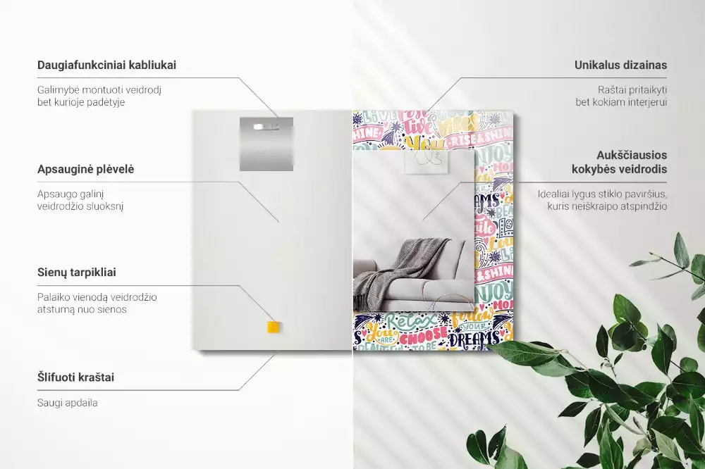 Lustro dekoracyjne z nadrukiem z kolorowymi motywacyjnymi napisami