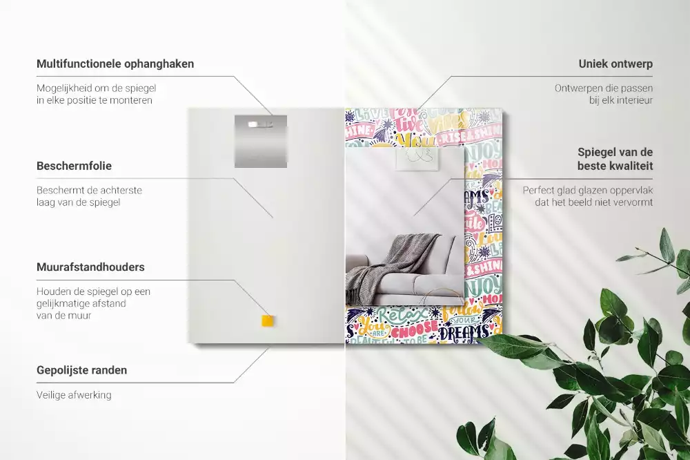 Lustro dekoracyjne z nadrukiem z kolorowymi motywacyjnymi napisami