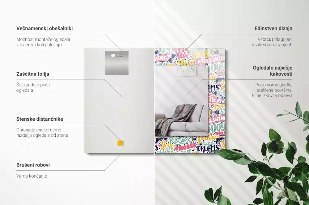 Lustro dekoracyjne z nadrukiem z kolorowymi motywacyjnymi napisami