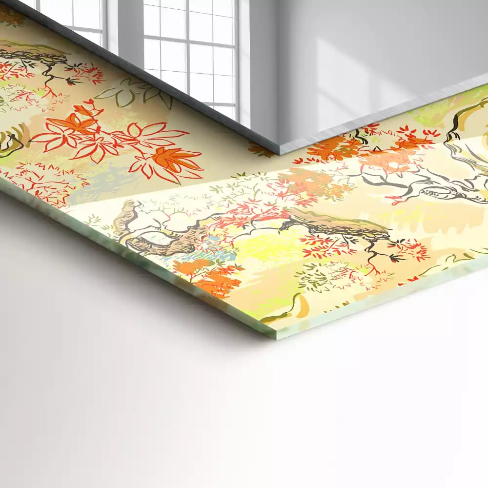 Lustro dekoracyjne z nadrukiem przedstawiającym japoński ogród, w formacie prostokątnym