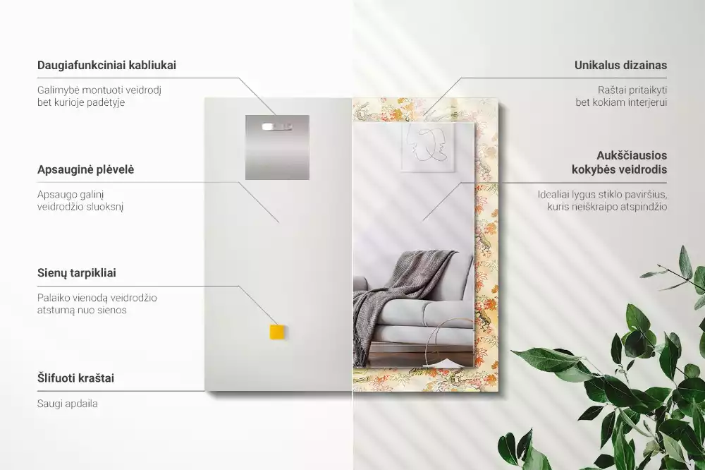 Lustro dekoracyjne z nadrukiem przedstawiającym japoński ogród, w formacie prostokątnym