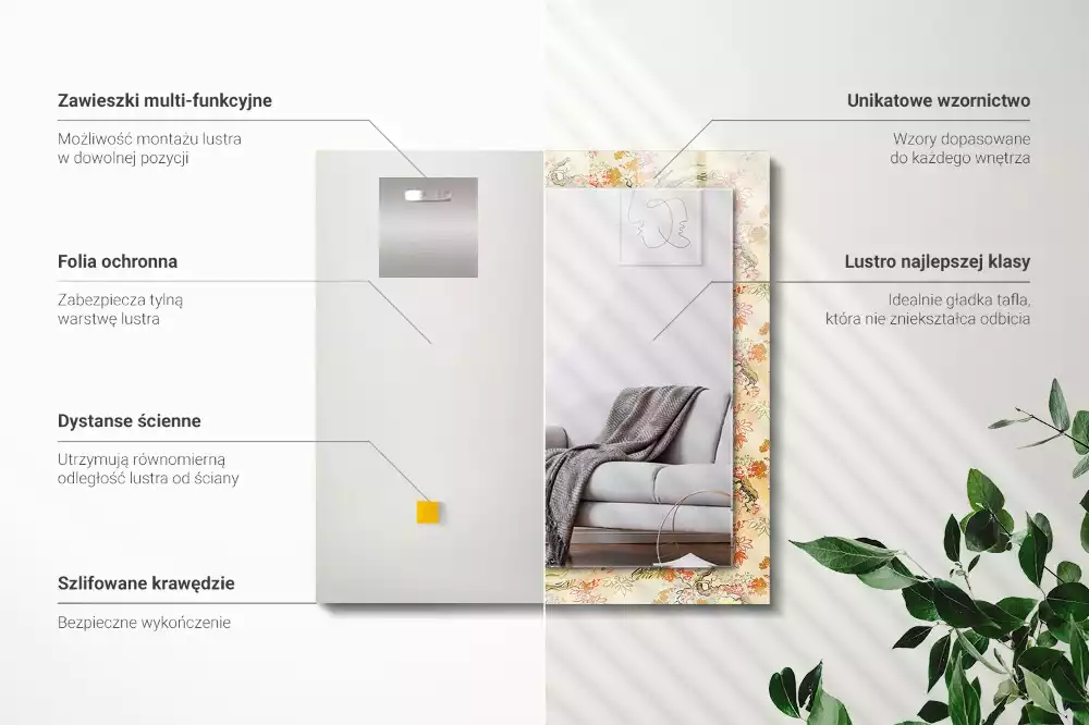 Lustro dekoracyjne z nadrukiem przedstawiającym japoński ogród, w formacie prostokątnym