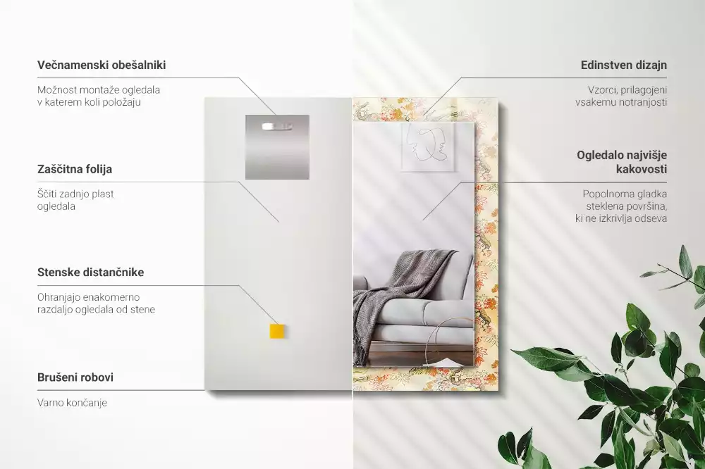 Lustro dekoracyjne z nadrukiem przedstawiającym japoński ogród, w formacie prostokątnym