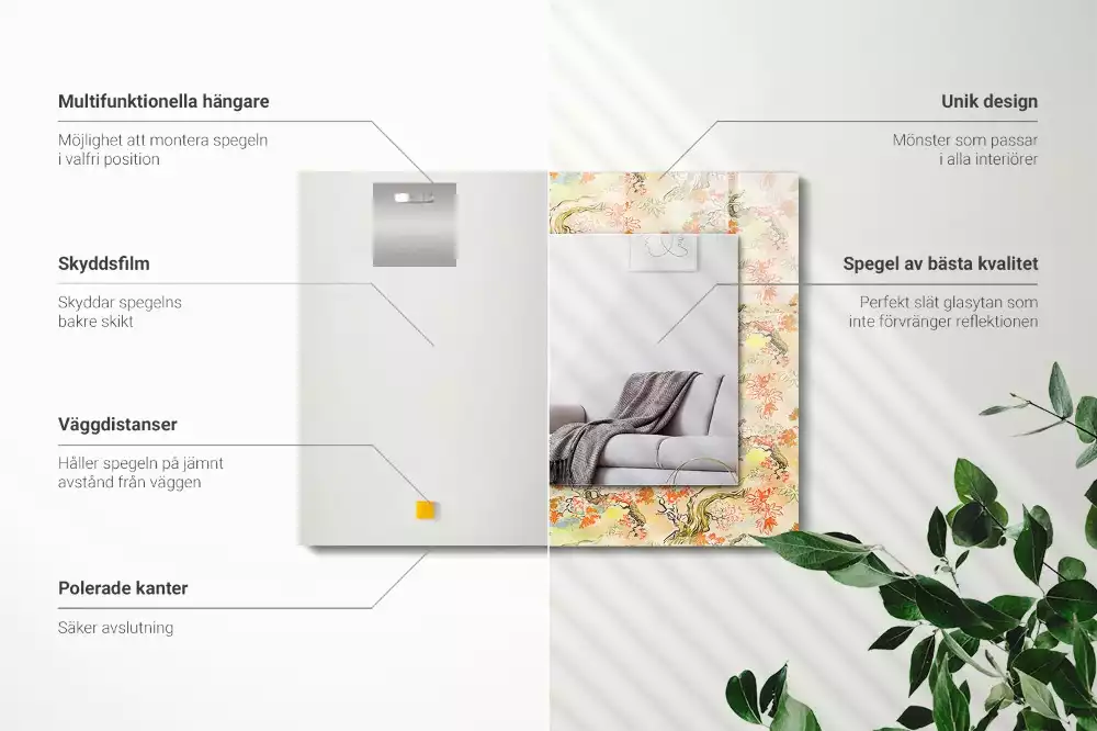 Lustro dekoracyjne z nadrukiem przedstawiającym japoński ogród, w formacie prostokątnym