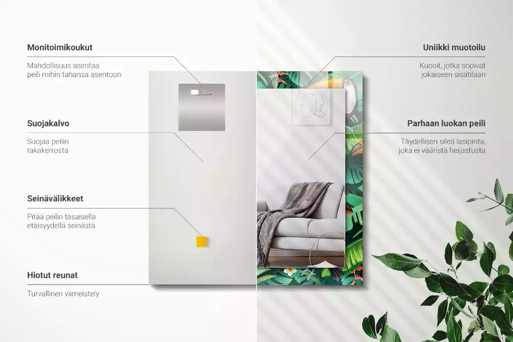 Lustro dekoracyjne prostokątne z motywem tukana i liści dżungli