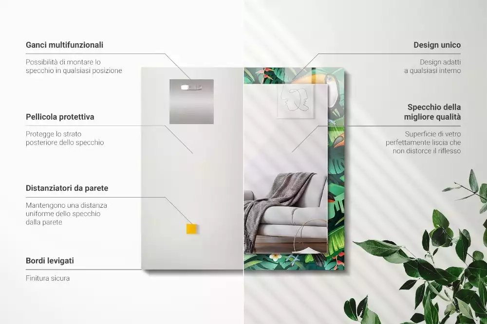 Lustro dekoracyjne prostokątne z motywem tukana i liści dżungli