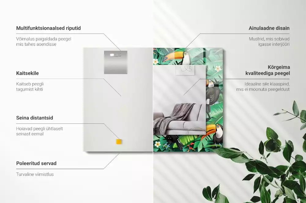 Lustro dekoracyjne prostokątne z motywem tukana i liści dżungli