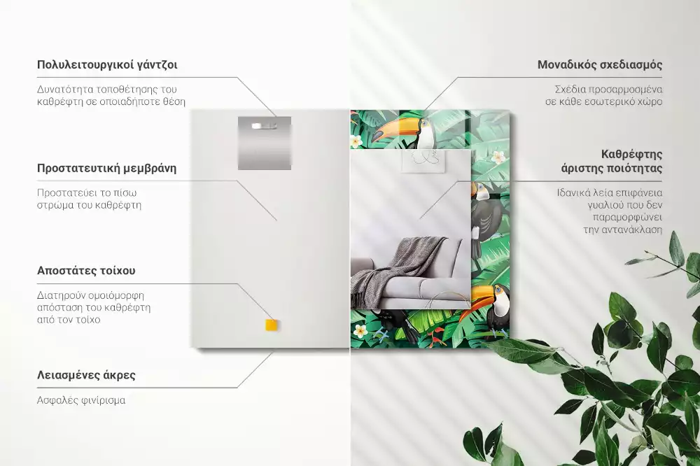 Lustro dekoracyjne prostokątne z motywem tukana i liści dżungli