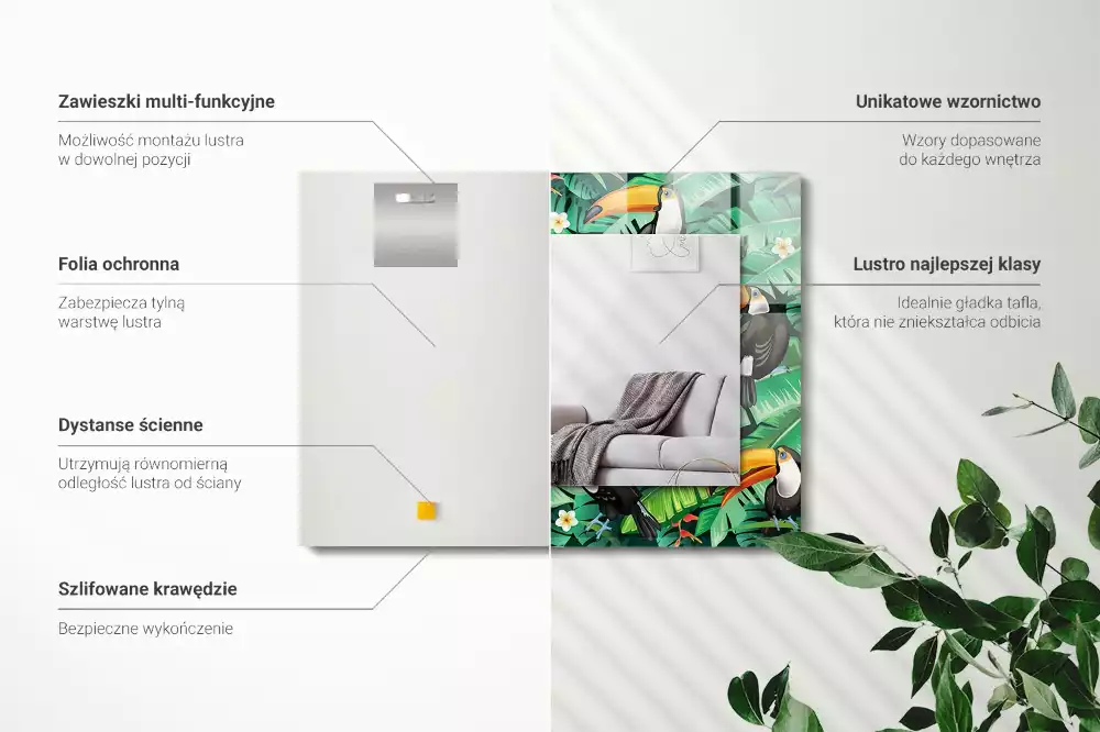 Lustro dekoracyjne prostokątne z motywem tukana i liści dżungli