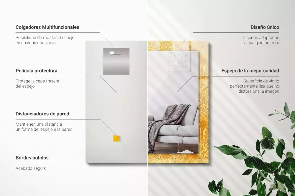 Lustro prostokątne z nadrukiem w motywie liści w kolorze pomarańczowym