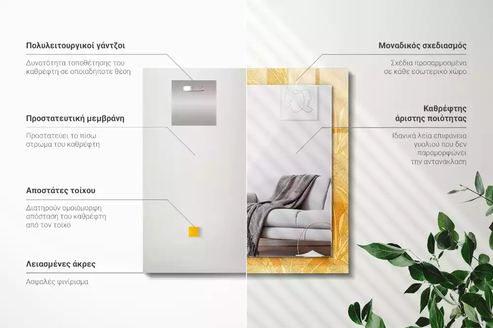 Lustro prostokątne z nadrukiem w motywie liści w kolorze pomarańczowym