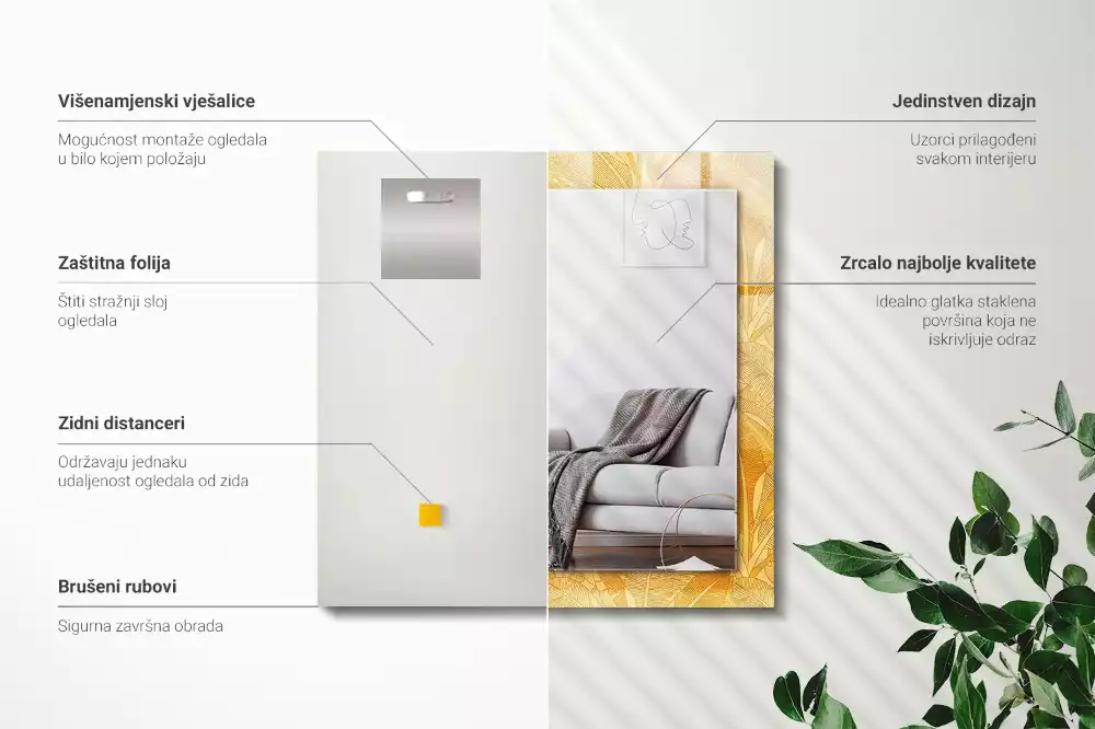 Lustro prostokątne z nadrukiem w motywie liści w kolorze pomarańczowym