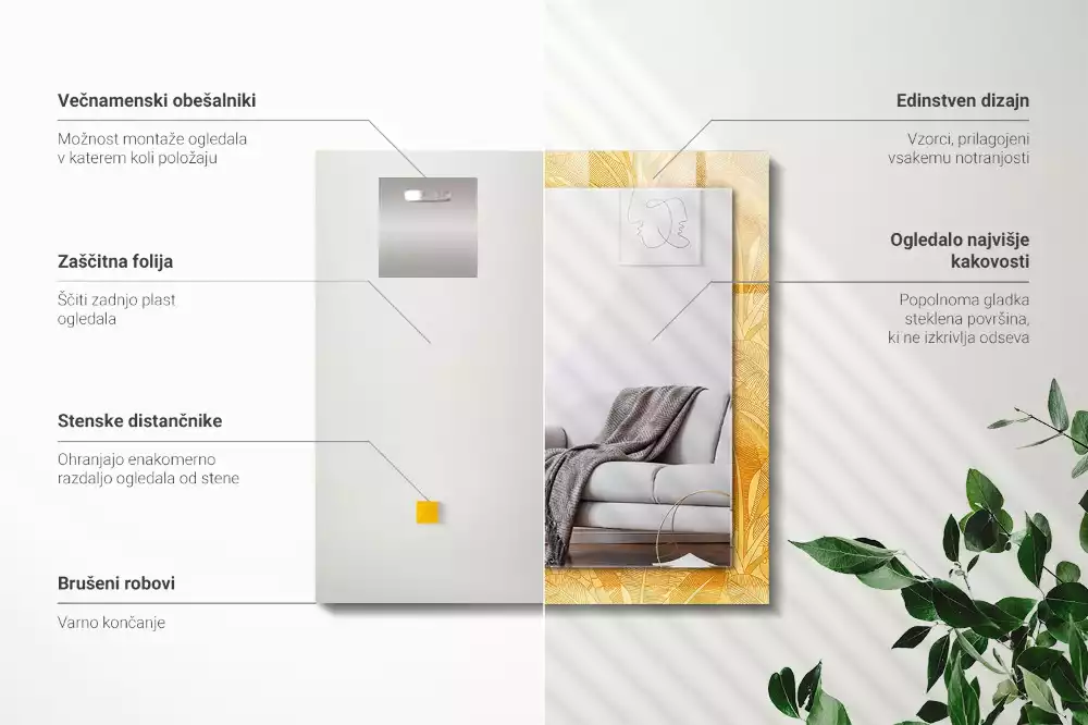 Lustro prostokątne z nadrukiem w motywie liści w kolorze pomarańczowym