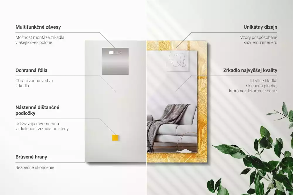 Lustro prostokątne z nadrukiem w motywie liści w kolorze pomarańczowym