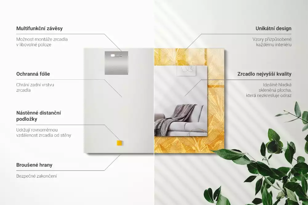 Lustro prostokątne z nadrukiem w motywie liści w kolorze pomarańczowym