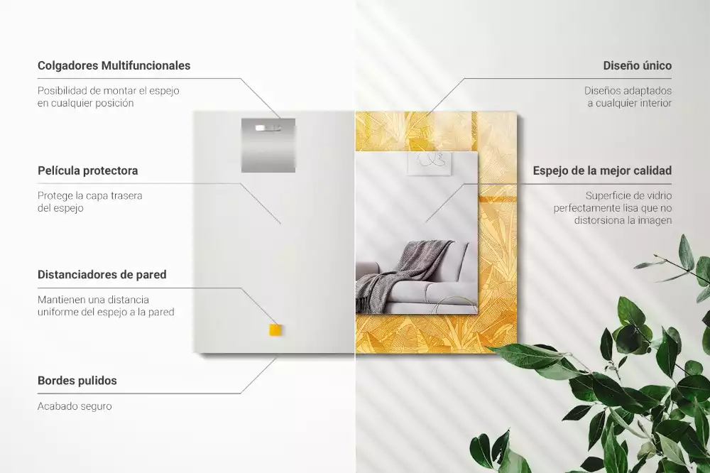 Lustro prostokątne z nadrukiem w motywie liści w kolorze pomarańczowym