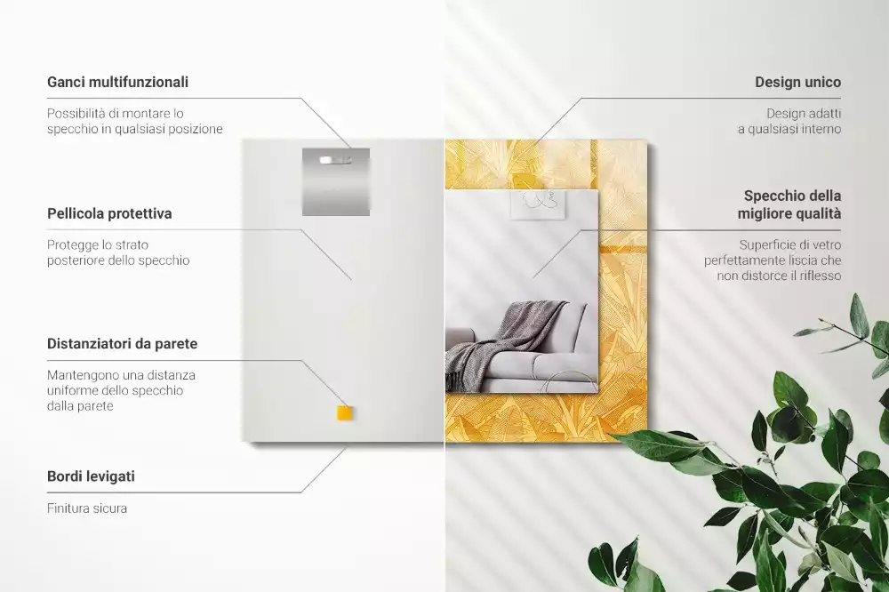 Lustro prostokątne z nadrukiem w motywie liści w kolorze pomarańczowym