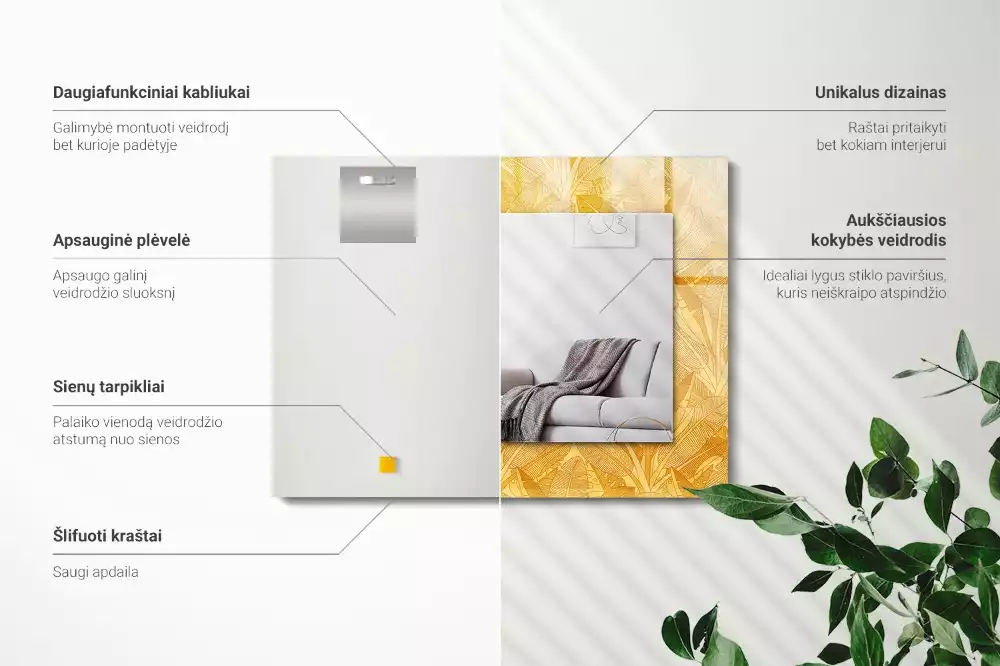 Lustro prostokątne z nadrukiem w motywie liści w kolorze pomarańczowym