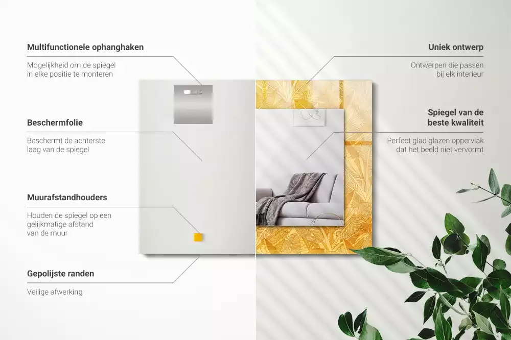 Lustro prostokątne z nadrukiem w motywie liści w kolorze pomarańczowym