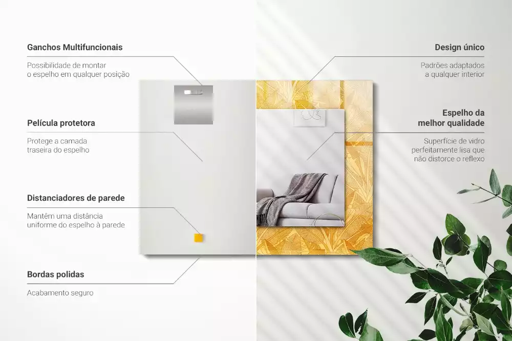 Lustro prostokątne z nadrukiem w motywie liści w kolorze pomarańczowym