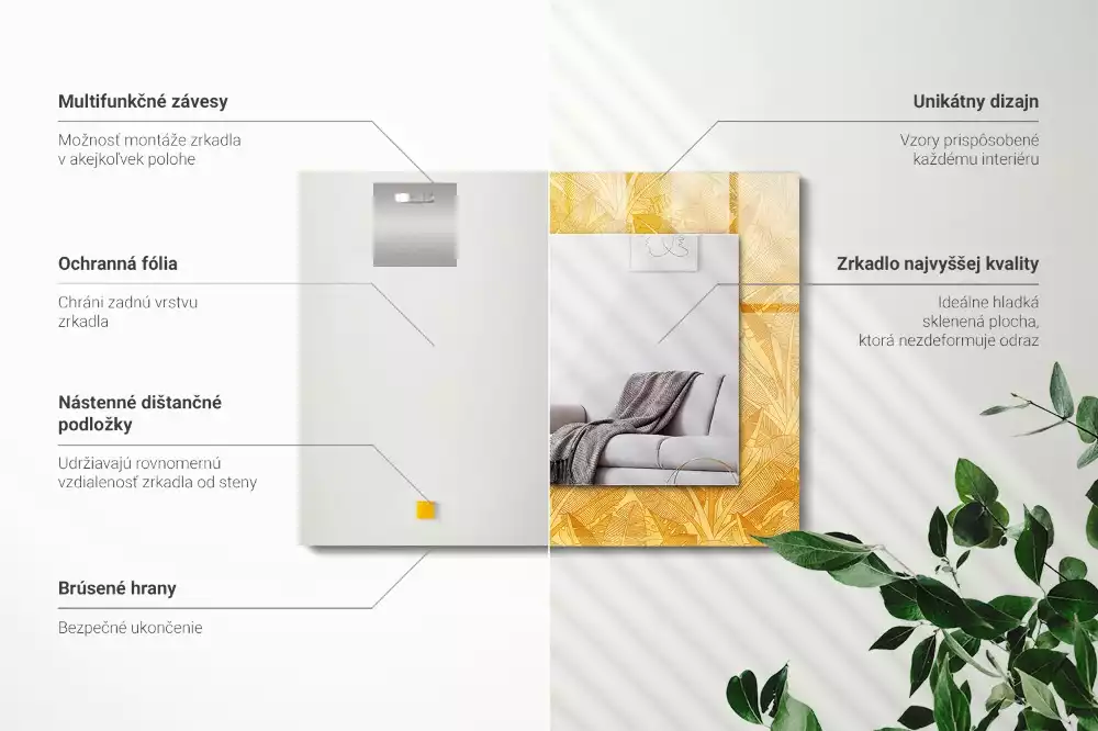 Lustro prostokątne z nadrukiem w motywie liści w kolorze pomarańczowym