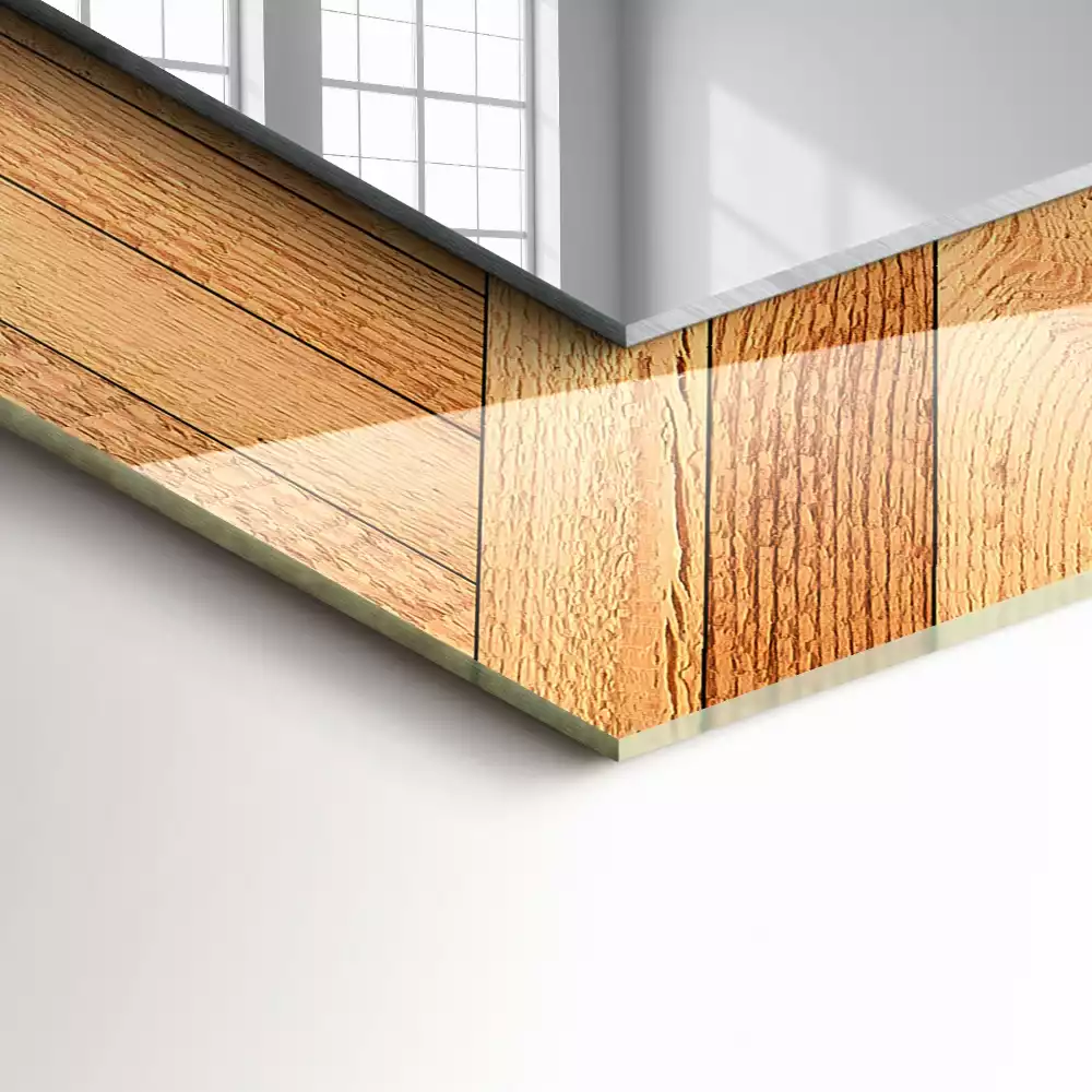 Lustro dekoracyjne z nadrukiem przedstawiającym wzór drewnianego parkietu, w kształcie prostokąta