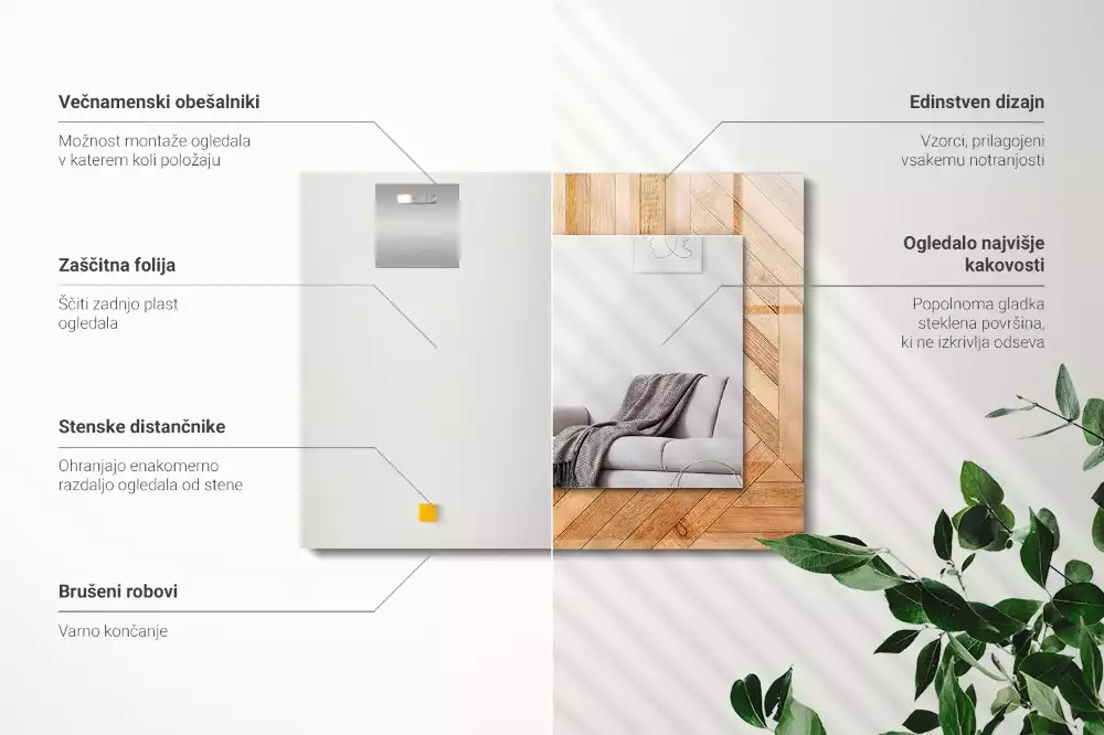 Lustro dekoracyjne z nadrukiem przedstawiającym wzór drewnianego parkietu, w kształcie prostokąta