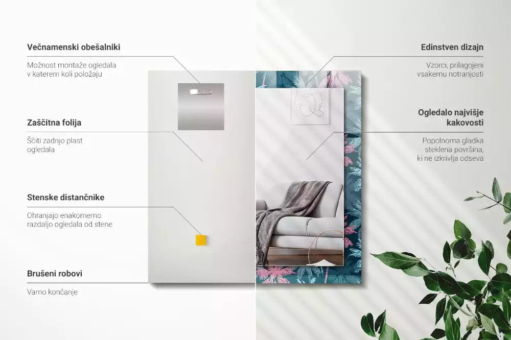 Lustro prostokątne z kolorowym nadrukiem w motywie palm