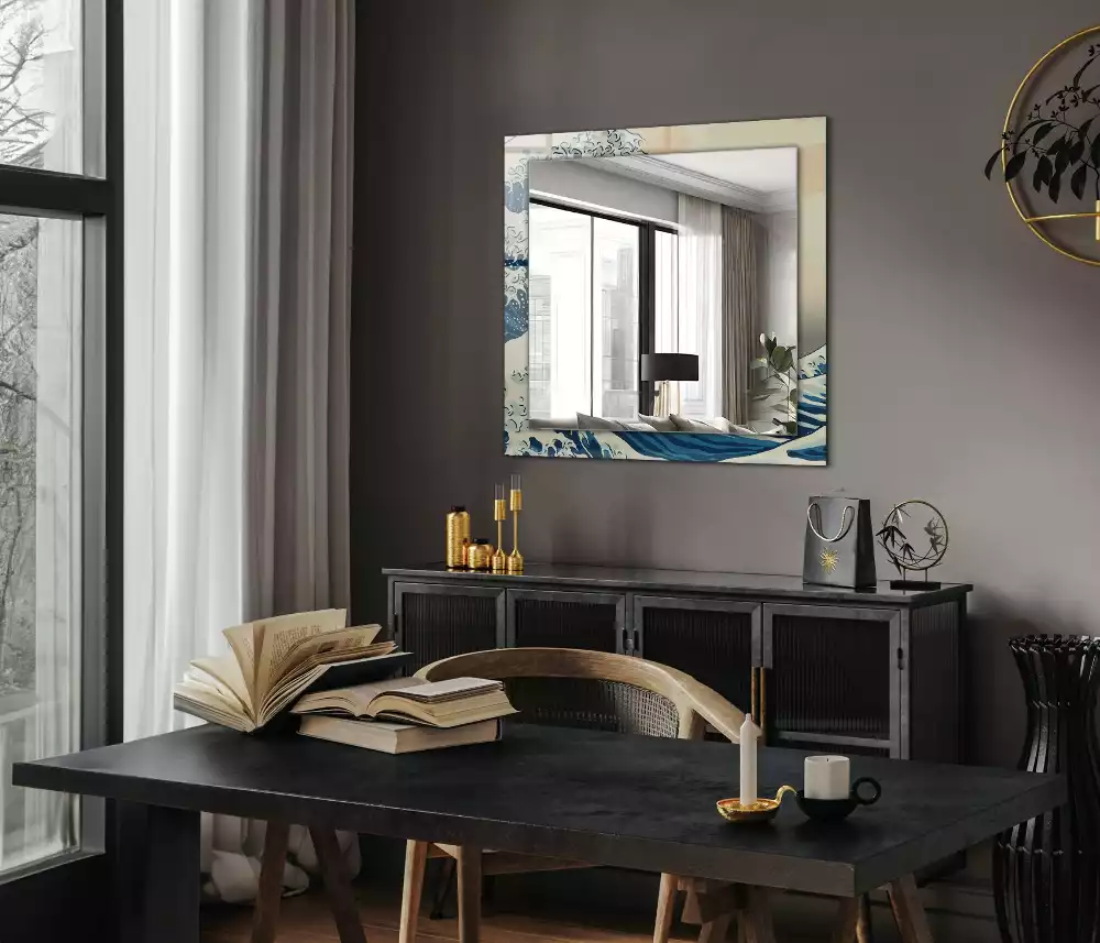 Lustro dekoracyjne z nadrukiem przedstawiającym Wielką Falę w Kanagawie