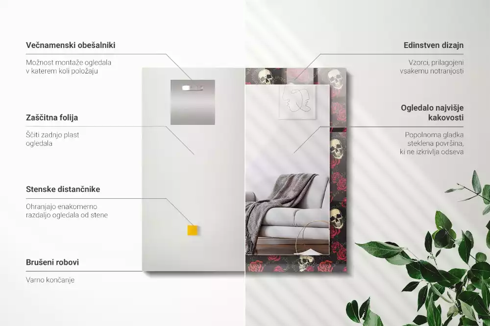 Lustro dekoracyjne w kształcie prostokąta z motywem czaszek, róż i cierni