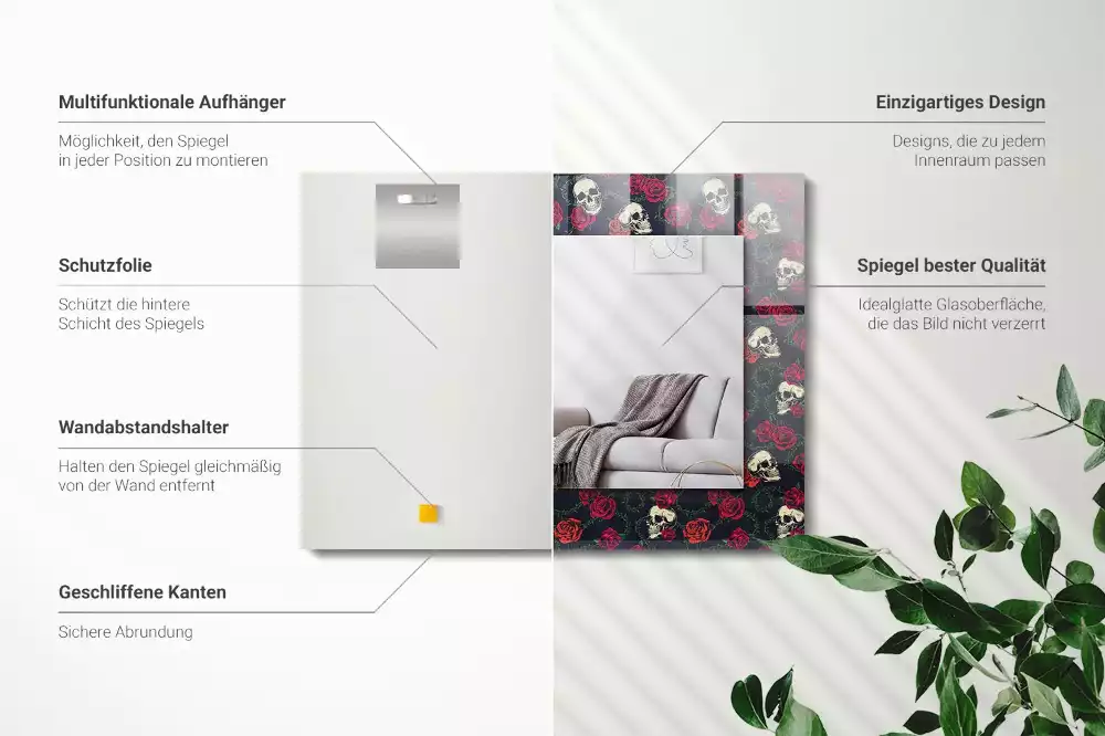 Lustro dekoracyjne w kształcie prostokąta z motywem czaszek, róż i cierni