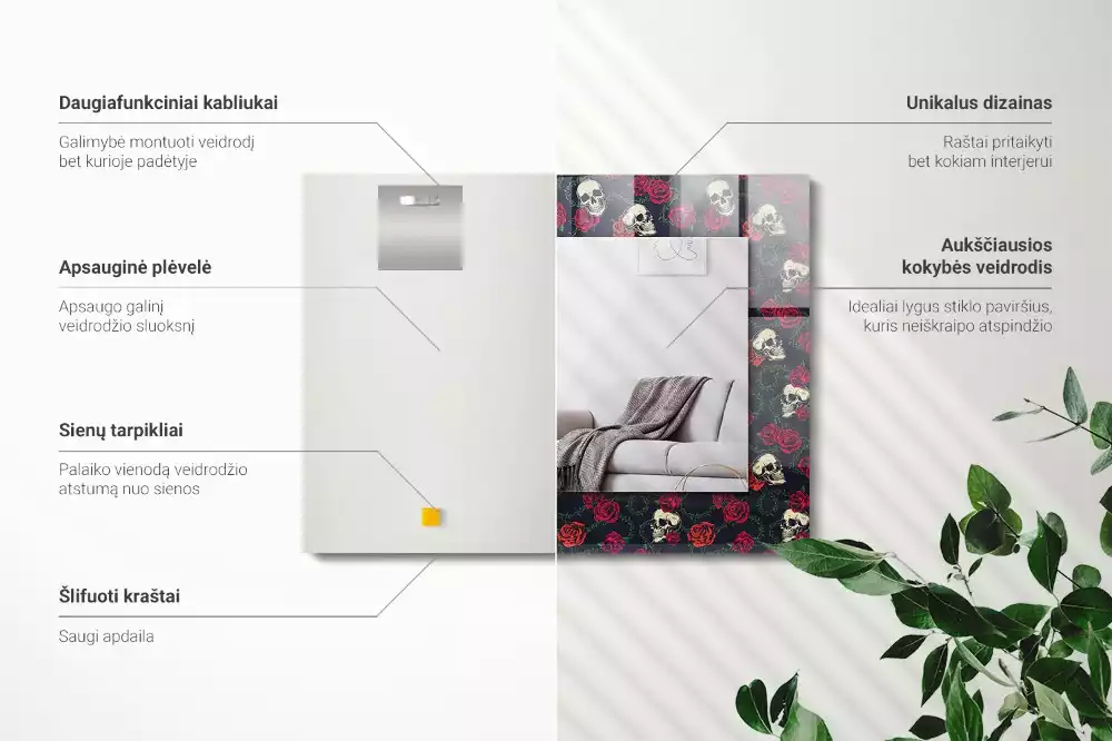 Lustro dekoracyjne w kształcie prostokąta z motywem czaszek, róż i cierni