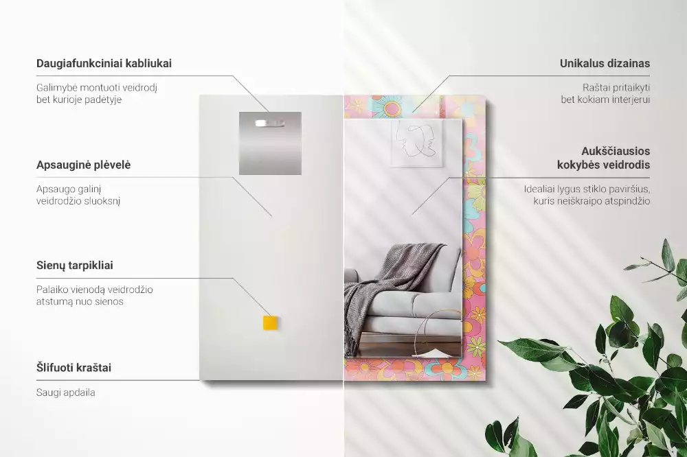 Lustro prostokątne z kolorowym nadrukiem w motywie kwiatowym Groove