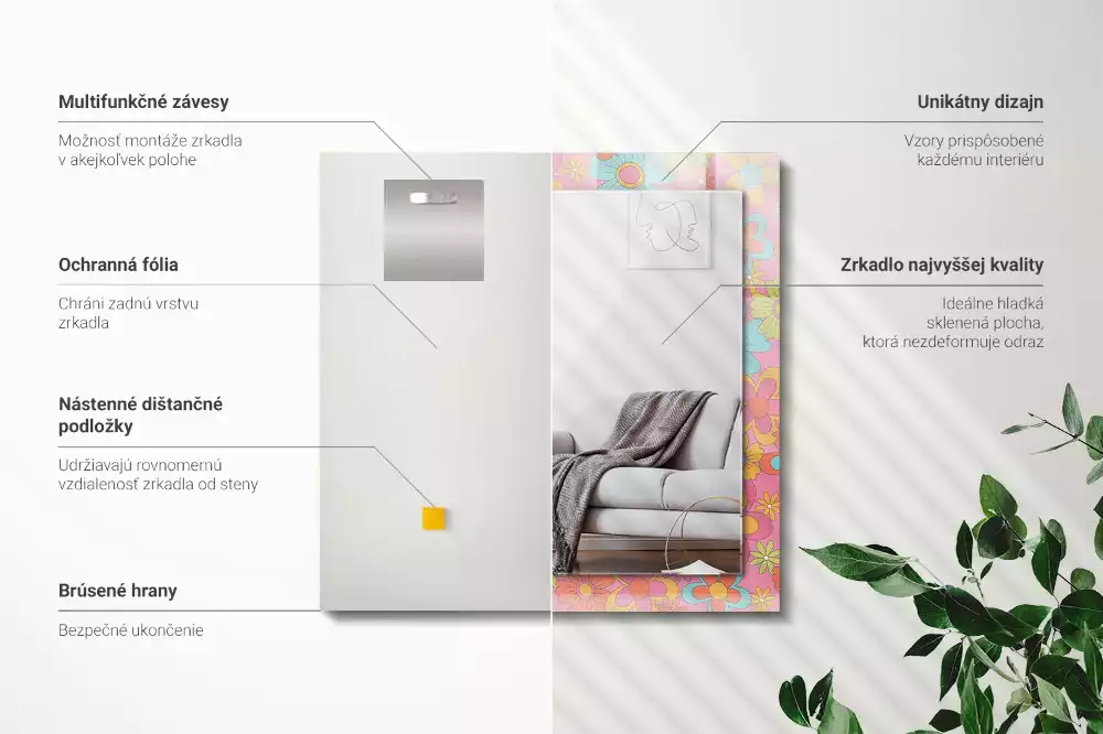 Lustro prostokątne z kolorowym nadrukiem w motywie kwiatowym Groove