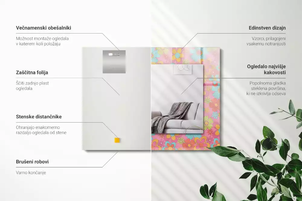 Lustro prostokątne z kolorowym nadrukiem w motywie kwiatowym Groove