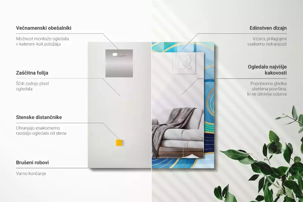 Lustro dekoracyjne prostokątne z nadrukiem w niebieskie fale