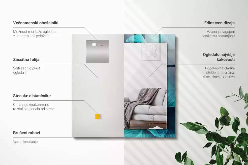 Lustro dekoracyjne prostokątne z motywem zielonych liści