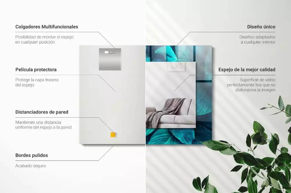 Lustro dekoracyjne prostokątne z motywem zielonych liści