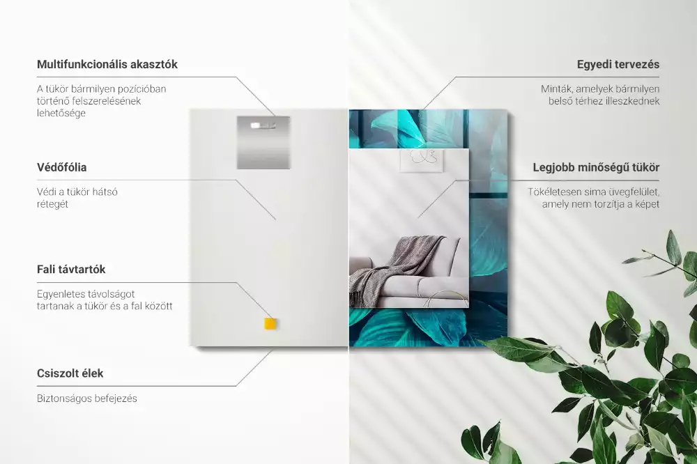 Lustro dekoracyjne prostokątne z motywem zielonych liści