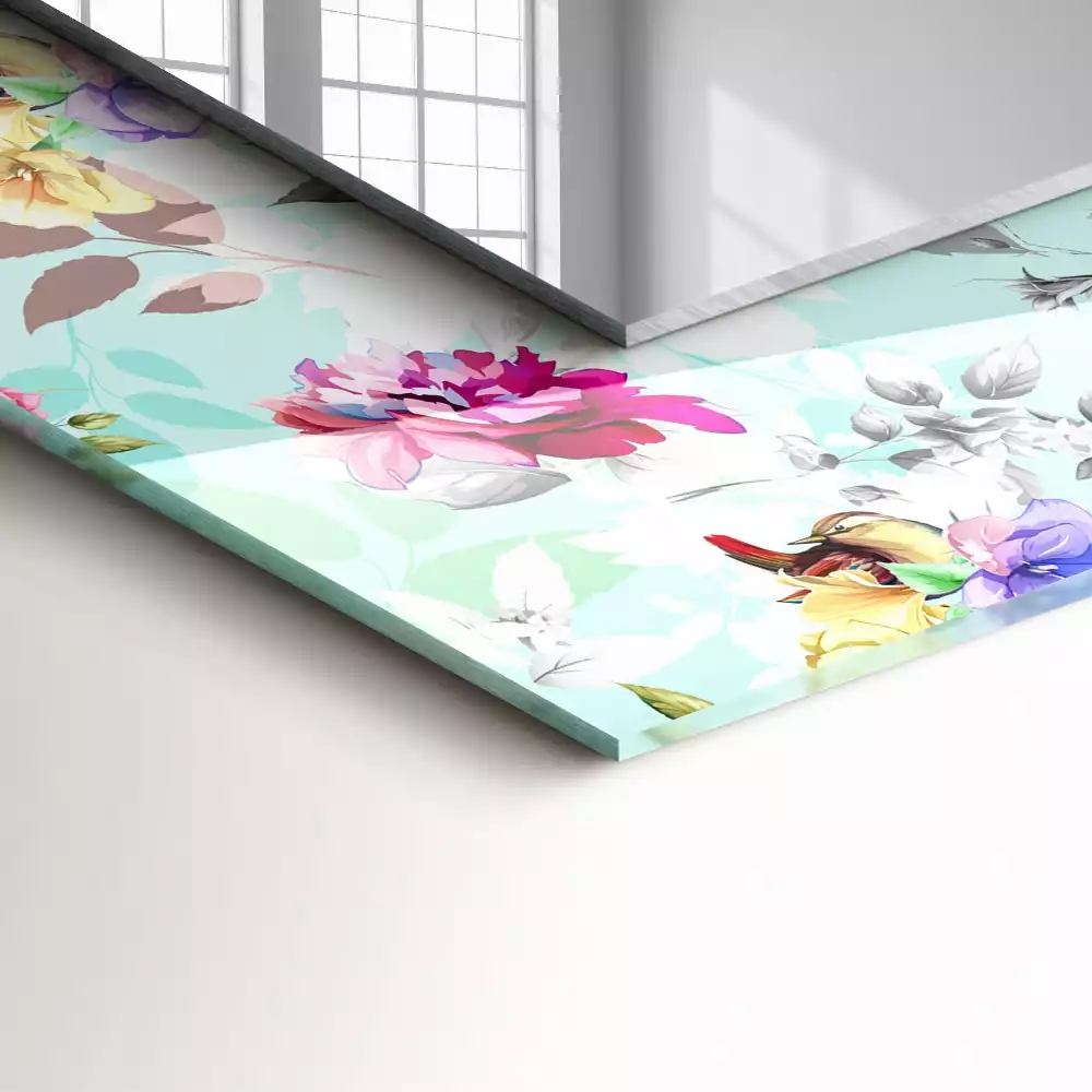 Lustro prostokątne z nadrukiem o motywie kwiatów i ptaków