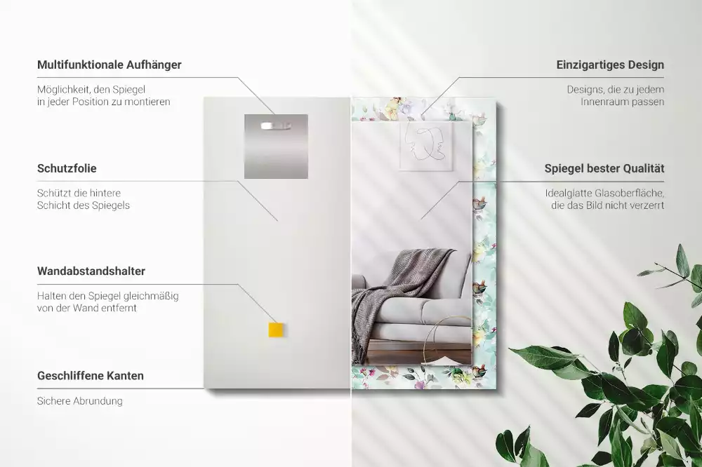 Lustro prostokątne z nadrukiem o motywie kwiatów i ptaków