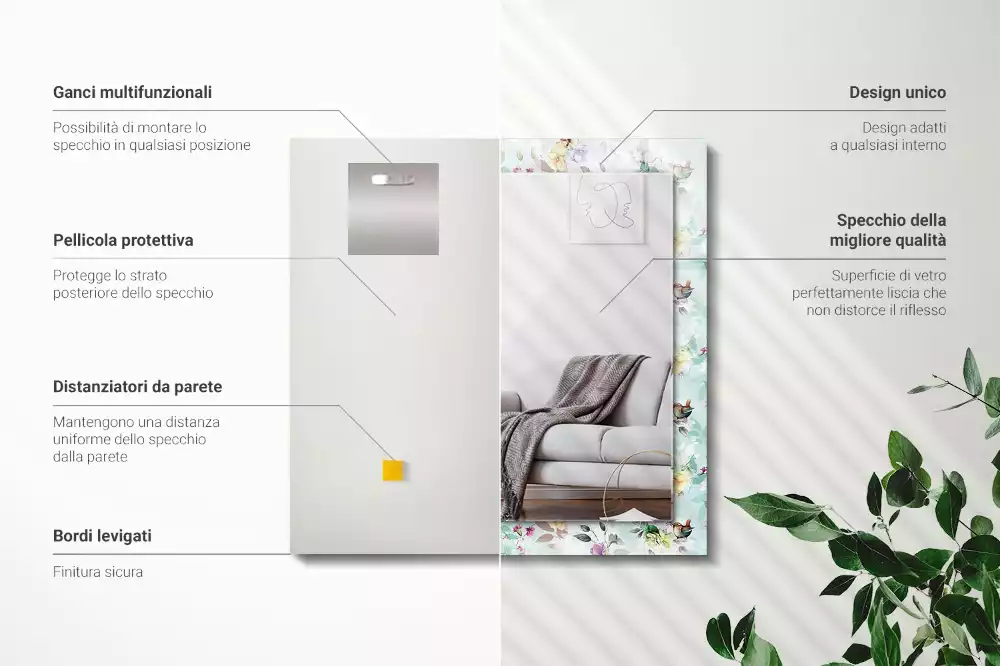 Lustro prostokątne z nadrukiem o motywie kwiatów i ptaków