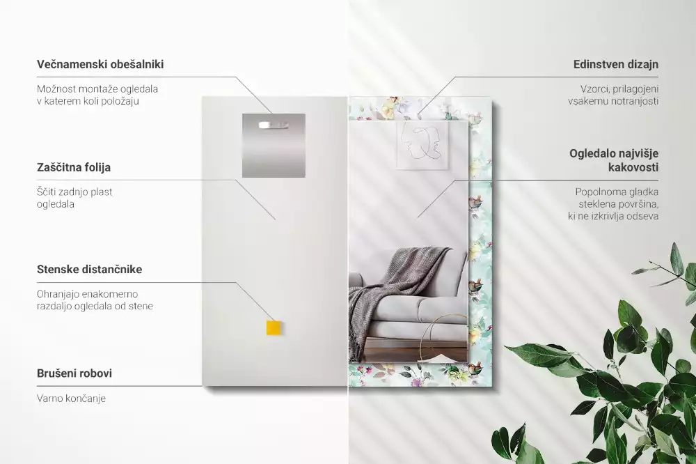 Lustro prostokątne z nadrukiem o motywie kwiatów i ptaków
