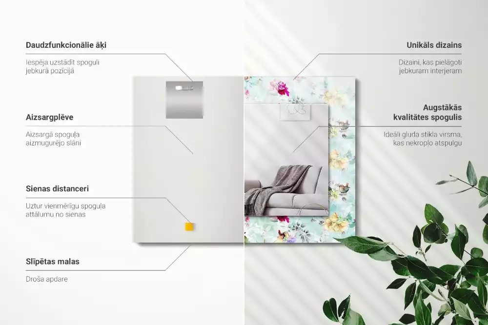 Lustro prostokątne z nadrukiem o motywie kwiatów i ptaków